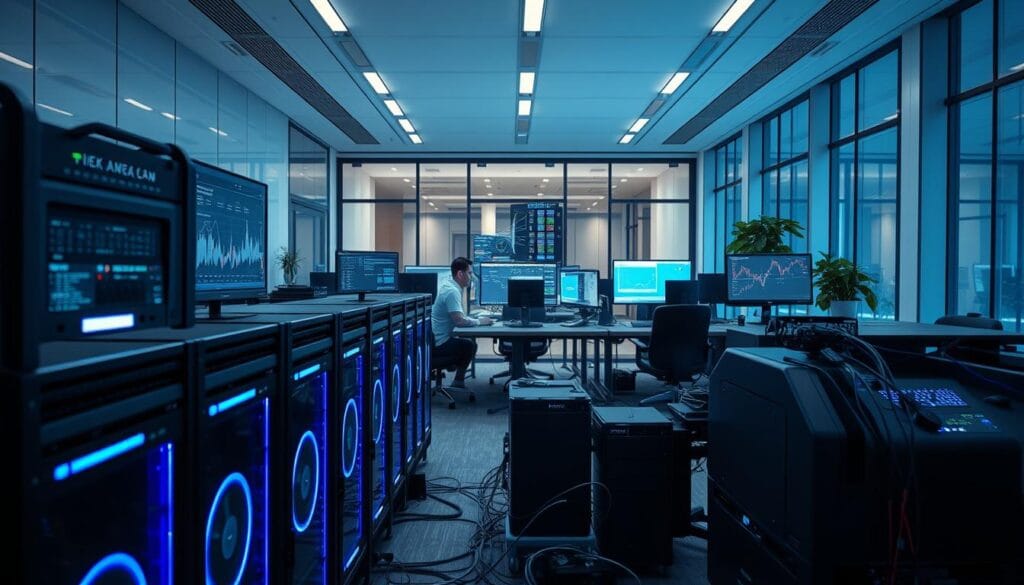 A high-tech crypto staking platform setup with sleek and modern equipment. In the foreground, a row of state-of-the-art hardware wallets and mining rigs, their LED lights casting a soft, blue glow. In the middle ground, multiple computer monitors displaying real-time data and analytics, with a team of analysts closely monitoring the proceedings. The background features a serene, minimalist office space with floor-to-ceiling windows, allowing natural light to flood the scene. The overall atmosphere is one of efficiency, security, and a sense of financial empowerment, perfectly capturing the essence of a cutting-edge crypto staking operation.