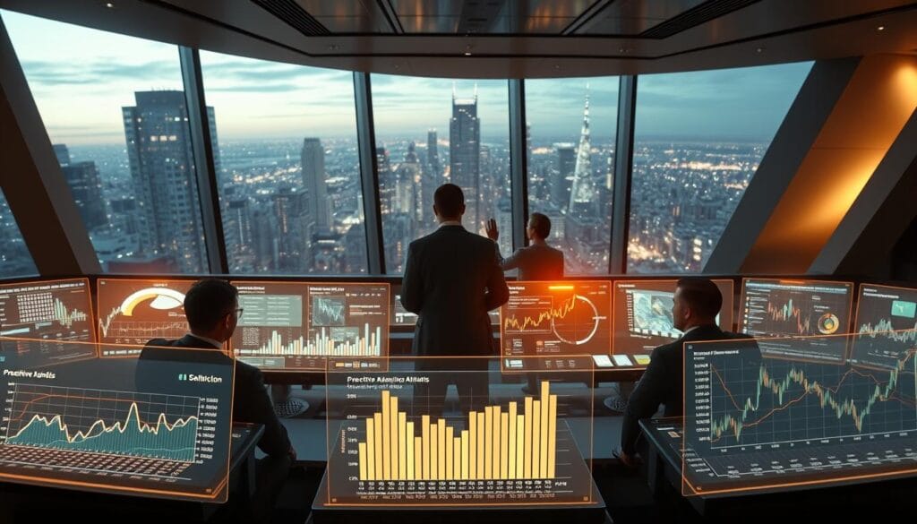 A high-tech, data-driven command center displaying predictive analytics models. Situated in a sleek, modern interior with floor-to-ceiling windows overlooking a dynamic city skyline. Glowing holographic displays in the foreground showcase complex statistical visualizations, algorithmic simulations, and market trend forecasts. In the middle ground, a team of analysts and data scientists intently study the models, using touch interfaces to manipulate and refine the projections. The background is softly lit, with subtle angular architectural details and subtle ambient lighting, creating a sense of focus and technical sophistication. Dramatic lighting from the city lights outside casts dynamic shadows and highlights the intensity of the scene. The overall mood is one of cutting-edge technology, data-driven decision making, and high-stakes financial strategy. A high-tech, data-driven command center displaying predictive analytics models. Situated in a sleek, modern interior with floor-to-ceiling windows overlooking a dynamic city skyline. Glowing holographic displays in the foreground showcase complex statistical visualizations, algorithmic simulations, and market trend forecasts. In the middle ground, a team of analysts and data scientists intently study the models, using touch interfaces to manipulate and refine the projections. The background is softly lit, with subtle angular architectural details and subtle ambient lighting, creating a sense of focus and technical sophistication. Dramatic lighting from the city lights outside casts dynamic shadows and highlights the intensity of the scene. The overall mood is one of cutting-edge technology, data-driven decision making, and high-stakes financial strategy.