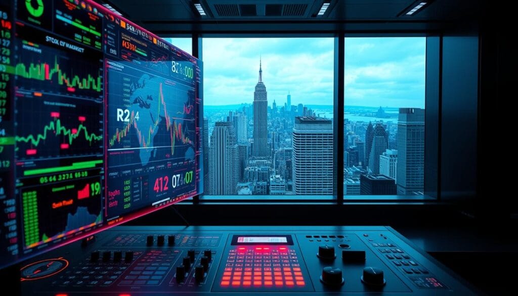 A high-tech, data-driven visualization comparing the dynamic interplay between stock markets and crypto markets. In the foreground, a vibrant holographic display showcases real-time analytics, charts, and financial indicators pulsing with energy. The midground features a sleek, minimalist control panel with various inputs and toggles, alluding to the sophisticated AI-driven trading algorithms shaping these markets. In the background, a panoramic window reveals the bustling cityscape, symbolizing the global scale and interconnectedness of these financial landscapes. Crisp lighting, moody shadows, and a sense of technological sophistication permeate the scene, creating an immersive, futuristic atmosphere. A high-tech, data-driven visualization comparing the dynamic interplay between stock markets and crypto markets. In the foreground, a vibrant holographic display showcases real-time analytics, charts, and financial indicators pulsing with energy. The midground features a sleek, minimalist control panel with various inputs and toggles, alluding to the sophisticated AI-driven trading algorithms shaping these markets. In the background, a panoramic window reveals the bustling cityscape, symbolizing the global scale and interconnectedness of these financial landscapes. Crisp lighting, moody shadows, and a sense of technological sophistication permeate the scene, creating an immersive, futuristic atmosphere.