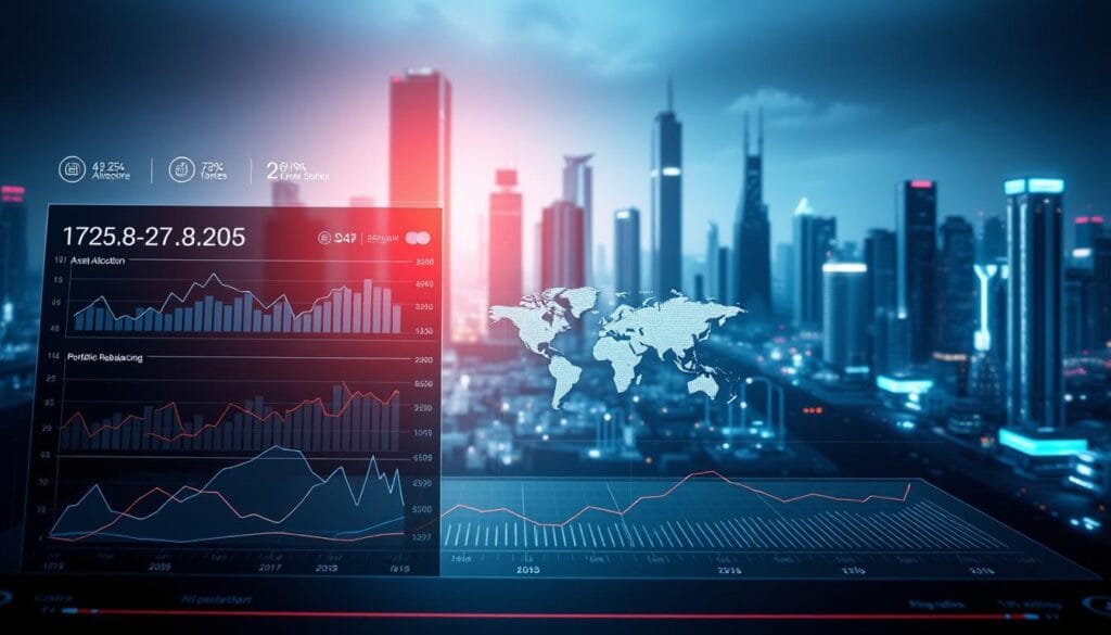 A high-tech data visualization dashboard with a modern, minimalist design. In the foreground, a sleek graph displays asset allocation and portfolio rebalancing metrics, with dynamic charts and interactive controls. The middle ground features a 3D world map highlighting global market trends, powered by AI-driven analytics. In the background, a futuristic cityscape with gleaming skyscrapers sets the scene, bathed in a cool, bluish-tinted lighting. The overall atmosphere conveys a sense of cutting-edge financial technology, data-driven decision-making, and a vision of the investment landscape in 2025. A high-tech data visualization dashboard with a modern, minimalist design. In the foreground, a sleek graph displays asset allocation and portfolio rebalancing metrics, with dynamic charts and interactive controls. The middle ground features a 3D world map highlighting global market trends, powered by AI-driven analytics. In the background, a futuristic cityscape with gleaming skyscrapers sets the scene, bathed in a cool, bluish-tinted lighting. The overall atmosphere conveys a sense of cutting-edge financial technology, data-driven decision-making, and a vision of the investment landscape in 2025.