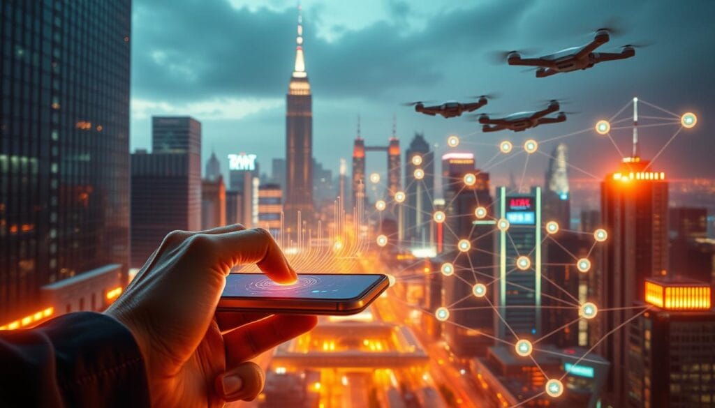 A high-tech digital identity management system, with sleek user interfaces and secure biometric authentication. In the foreground, a person's hand unlocks a smart device with a fingerprint scan, data streams flowing across the screen. In the middle ground, a network of digital identities, represented by glowing icons, interconnect seamlessly. The background depicts a futuristic cityscape, with towering skyscrapers and hovering drones, all powered by a distributed digital identity infrastructure. Warm lighting casts a glow, creating an atmosphere of innovation and progress. The scene conveys a vision of a secure, streamlined digital identity management future. A high-tech digital identity management system, with sleek user interfaces and secure biometric authentication. In the foreground, a person's hand unlocks a smart device with a fingerprint scan, data streams flowing across the screen. In the middle ground, a network of digital identities, represented by glowing icons, interconnect seamlessly. The background depicts a futuristic cityscape, with towering skyscrapers and hovering drones, all powered by a distributed digital identity infrastructure. Warm lighting casts a glow, creating an atmosphere of innovation and progress. The scene conveys a vision of a secure, streamlined digital identity management future.