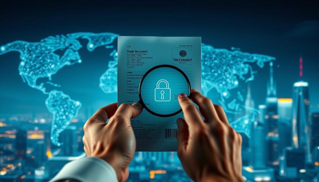 A high-tech digital interface displays a trade document with blockchain-secured verification. In the foreground, a hand carefully inspects the document, magnifying its intricate security features. The midground shows a global network of transaction nodes, their connections pulsing with data. In the background, a cityscape of skyscrapers symbolizes the modern financial landscape transformed by blockchain technology. Dramatic lighting casts an authoritative, futuristic atmosphere, while a shallow depth of field focuses attention on the central document verification process. The scene conveys the disruptive potential of blockchain to revolutionize international trade finance. A high-tech digital interface displays a trade document with blockchain-secured verification. In the foreground, a hand carefully inspects the document, magnifying its intricate security features. The midground shows a global network of transaction nodes, their connections pulsing with data. In the background, a cityscape of skyscrapers symbolizes the modern financial landscape transformed by blockchain technology. Dramatic lighting casts an authoritative, futuristic atmosphere, while a shallow depth of field focuses attention on the central document verification process. The scene conveys the disruptive potential of blockchain to revolutionize international trade finance.