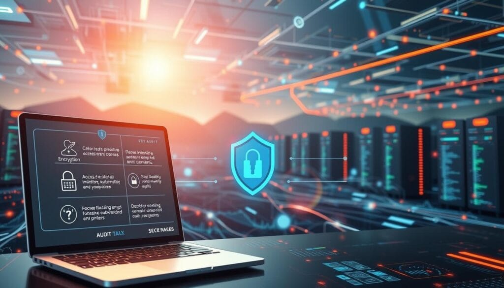 A high-tech digital landscape with a central focus on a secure digital audit process. In the foreground, a sleek and modern software interface depicts various audit protection features, including encryption, access controls, and automated error-checking. The middle ground showcases data visualization tools that provide real-time insights and analytics, enabling seamless tax filing and compliance. In the background, a network of interconnected servers and data centers conveys the reliability and robustness of the digital infrastructure, ensuring the security and integrity of sensitive financial information. The scene is illuminated by a warm, futuristic glow, evoking a sense of confidence and trust in the digital tax filing system. A high-tech digital landscape with a central focus on a secure digital audit process. In the foreground, a sleek and modern software interface depicts various audit protection features, including encryption, access controls, and automated error-checking. The middle ground showcases data visualization tools that provide real-time insights and analytics, enabling seamless tax filing and compliance. In the background, a network of interconnected servers and data centers conveys the reliability and robustness of the digital infrastructure, ensuring the security and integrity of sensitive financial information. The scene is illuminated by a warm, futuristic glow, evoking a sense of confidence and trust in the digital tax filing system.