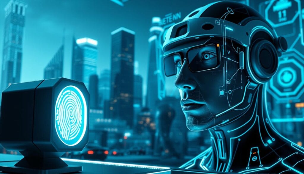 A high-tech digital security landscape, featuring biometric authentication technologies. In the foreground, a futuristic fingerprint scanner glows with an LED halo, positioned next to a retinal eye scanner with a sleek, minimalist design. In the middle ground, a facial recognition system tracks multiple subjects, its camera lenses and sensors capturing their features with precision. In the background, a cityscape of gleaming skyscrapers and holographic interfaces creates an immersive, sci-fi atmosphere, hinting at the advanced security measures employed in the modern digital world. The lighting is cool and blue-tinged, conveying a sense of high-tech sophistication and cutting-edge innovation.