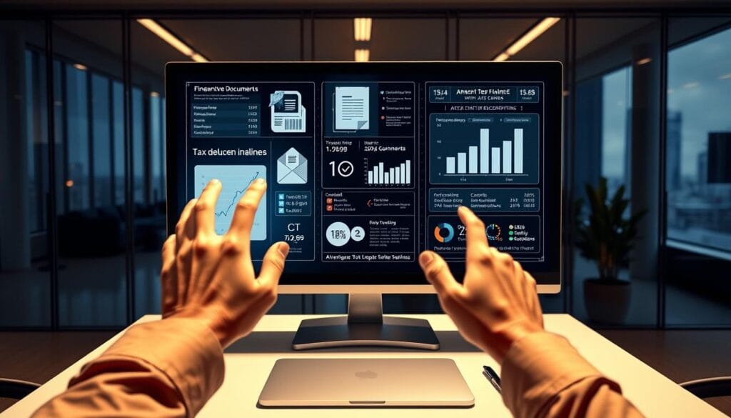 A high-tech digital workspace with a sophisticated computer monitor displaying a 3D holographic projection of various financial documents, statistics, and AI-powered tax deduction recommendations. In the foreground, a pair of professional looking hands interact with the holographic interface using gesture-based controls. The middle ground features a sleek, minimalist desk setup with a laptop, stylus, and other office accessories. The background is a modern, glass-walled office with a cityscape visible through the windows, giving the scene an intelligent, forward-thinking atmosphere. Warm, directional lighting casts dramatic shadows, emphasizing the advanced technology on display.