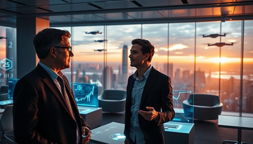 A high-tech financial advisor's office in the year 2025, filled with holographic displays and sleek, minimalist furniture. In the foreground, a middle-aged executive in a sharp suit consults with a younger advisor, their conversation illuminated by the soft glow of the screens. In the background, a panoramic window offers a breathtaking view of a futuristic skyline, with flying cars and drones zipping through the air. The scene is bathed in a warm, ambient lighting, creating a sense of sophistication and innovation. The mood is one of confident, forward-thinking wealth management, where cutting-edge technology seamlessly integrates with personalized financial guidance.