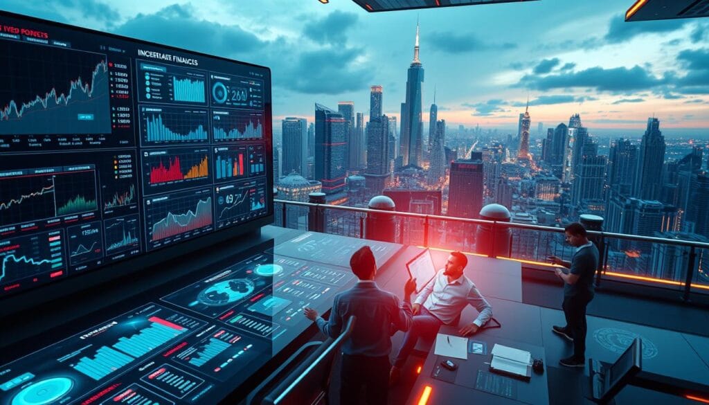 A high-tech financial control panel with holographic displays, dynamic charts, and sleek interfaces. In the foreground, an array of interactive digital dashboards showcasing real-time market data, portfolio analytics, and automated investment strategies. In the middle ground, a team of analysts and researchers collaborating on complex algorithms and machine learning models. In the background, a panoramic view of a futuristic city skyline, with towering skyscrapers and glowing neon accents. The scene is illuminated by a soft, ambient lighting that casts a warm, futuristic glow, creating an atmosphere of technological innovation and financial prowess. A high-tech financial control panel with holographic displays, dynamic charts, and sleek interfaces. In the foreground, an array of interactive digital dashboards showcasing real-time market data, portfolio analytics, and automated investment strategies. In the middle ground, a team of analysts and researchers collaborating on complex algorithms and machine learning models. In the background, a panoramic view of a futuristic city skyline, with towering skyscrapers and glowing neon accents. The scene is illuminated by a soft, ambient lighting that casts a warm, futuristic glow, creating an atmosphere of technological innovation and financial prowess.