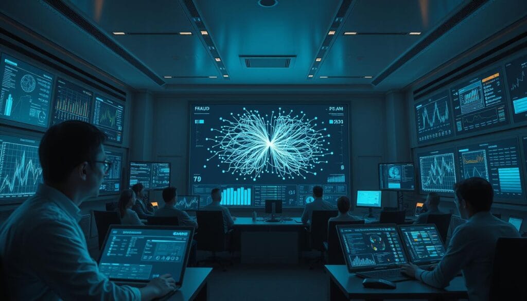 A high-tech financial control room filled with holographic displays and AI-powered analytics, showcasing advanced fraud detection systems. In the foreground, a team of analysts scrutinize real-time transaction data, their faces illuminated by the glow of intelligent dashboards. The middle ground features a large central screen depicting a complex fraud detection algorithm, its neural network visualized in a mesmerizing dance of lines and nodes. The background is a sleek, minimalist environment, with clean lines and a subtle color palette suggesting a sense of order and precision. Dramatic lighting casts dramatic shadows, creating an atmosphere of high-stakes vigilance and technological mastery.