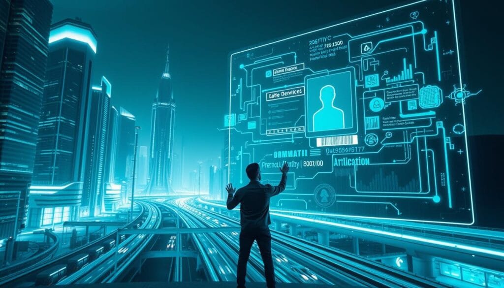 A high-tech futuristic cityscape with towering skyscrapers and sleek, efficient transportation systems. In the foreground, a person standing in front of a massive holographic interface, gesturing towards a blockchain-inspired visual representation of secure digital identity verification. The interface displays biometric data, cryptographic keys, and other identity-related information. The scene is bathed in a cool, bluish-green hue, suggesting an advanced, cutting-edge technological environment. The lighting is dramatic, with sharp contrasts and highlights, emphasizing the importance and gravity of the identity verification process. The overall mood is one of innovation, progress, and a sense of confidence in the future of secure digital identity. A high-tech futuristic cityscape with towering skyscrapers and sleek, efficient transportation systems. In the foreground, a person standing in front of a massive holographic interface, gesturing towards a blockchain-inspired visual representation of secure digital identity verification. The interface displays biometric data, cryptographic keys, and other identity-related information. The scene is bathed in a cool, bluish-green hue, suggesting an advanced, cutting-edge technological environment. The lighting is dramatic, with sharp contrasts and highlights, emphasizing the importance and gravity of the identity verification process. The overall mood is one of innovation, progress, and a sense of confidence in the future of secure digital identity.
