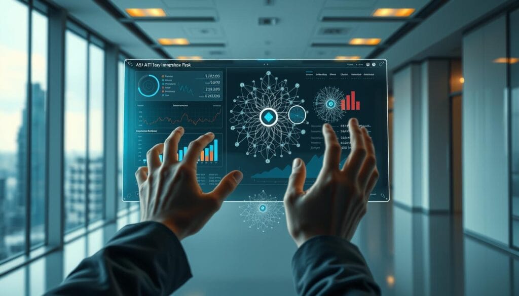 A high-tech, futuristic scene depicting the role of AI in portfolio construction and risk management. In the foreground, an AI-powered dashboard displays advanced financial analytics and risk metrics. A pair of hands interact with the holographic interface, manipulating investment portfolios. In the middle ground, a complex neural network visualization illustrates the AI's learning processes. The background features a sleek, minimalist office environment with floor-to-ceiling windows overlooking a modern cityscape. Warm, diffused lighting casts a glow on the scene, creating a sense of sophistication and technological innovation. The overall mood is one of cutting-edge finance, data-driven decision-making, and the seamless integration of AI into investment management. A high-tech, futuristic scene depicting the role of AI in portfolio construction and risk management. In the foreground, an AI-powered dashboard displays advanced financial analytics and risk metrics. A pair of hands interact with the holographic interface, manipulating investment portfolios. In the middle ground, a complex neural network visualization illustrates the AI's learning processes. The background features a sleek, minimalist office environment with floor-to-ceiling windows overlooking a modern cityscape. Warm, diffused lighting casts a glow on the scene, creating a sense of sophistication and technological innovation. The overall mood is one of cutting-edge finance, data-driven decision-making, and the seamless integration of AI into investment management.