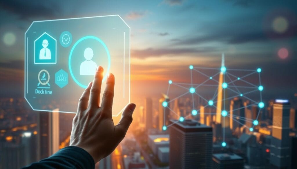 A high-tech holographic interface with a sleek, futuristic design. In the foreground, a user's hand interacts with digital blockchain icons and symbols, visualizing secure identity verification processes. The middle ground features a clean, minimalist blockchain network diagram, with nodes and connections glowing with a soft, blue-green hue. The background showcases a cityscape of gleaming skyscrapers and towering data centers, bathed in the warm glow of sunset. Subtle lens flares and depth-of-field blur create a sense of depth and immersion. The overall atmosphere exudes a feeling of technological sophistication, trust, and innovation. A high-tech holographic interface with a sleek, futuristic design. In the foreground, a user's hand interacts with digital blockchain icons and symbols, visualizing secure identity verification processes. The middle ground features a clean, minimalist blockchain network diagram, with nodes and connections glowing with a soft, blue-green hue. The background showcases a cityscape of gleaming skyscrapers and towering data centers, bathed in the warm glow of sunset. Subtle lens flares and depth-of-field blur create a sense of depth and immersion. The overall atmosphere exudes a feeling of technological sophistication, trust, and innovation.