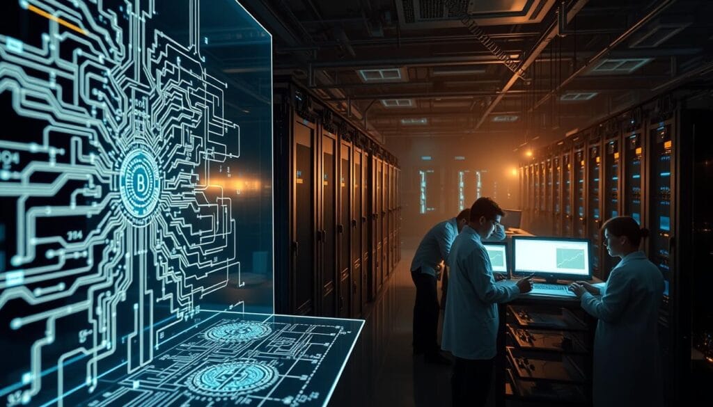 A high-tech laboratory filled with complex quantum computing hardware. In the foreground, a holographic display showcases a detailed quantum circuit diagram, the algorithms' intricate mathematical patterns pulsing with energy. In the middle ground, scientists in lab coats study readouts and confer over touchscreen workstations, their faces intense with concentration. The background is a vast, dimly lit space with towering server racks, flickering status lights, and the faint glow of displays. Dramatic lighting casts long shadows, creating a sense of depth and technical sophistication. The overall mood is one of cutting-edge innovation, scientific rigor, and the promise of financial optimization through quantum computing breakthroughs. A high-tech laboratory filled with complex quantum computing hardware. In the foreground, a holographic display showcases a detailed quantum circuit diagram, the algorithms' intricate mathematical patterns pulsing with energy. In the middle ground, scientists in lab coats study readouts and confer over touchscreen workstations, their faces intense with concentration. The background is a vast, dimly lit space with towering server racks, flickering status lights, and the faint glow of displays. Dramatic lighting casts long shadows, creating a sense of depth and technical sophistication. The overall mood is one of cutting-edge innovation, scientific rigor, and the promise of financial optimization through quantum computing breakthroughs.