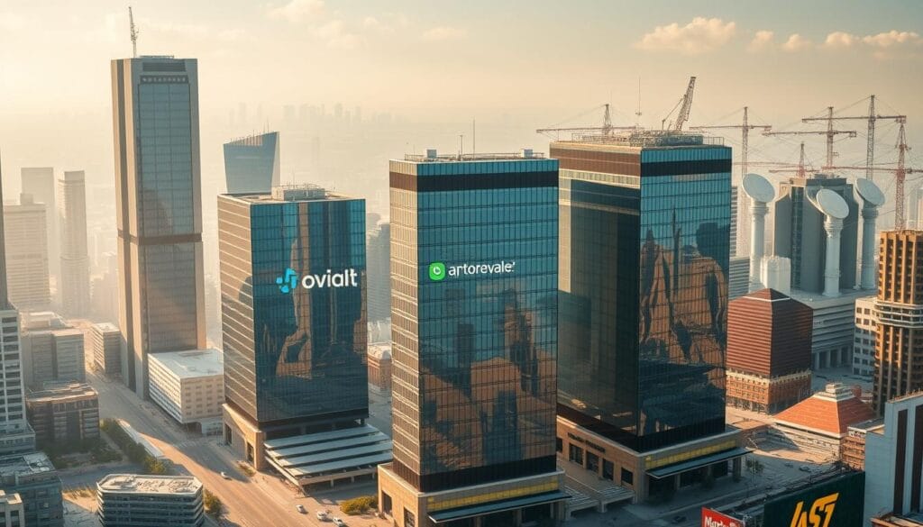 A high-tech landscape of gleaming office buildings, surrounded by towering skyscrapers and bustling city streets. In the foreground, three prominent tech companies in the AI micro-investing space stand out, their logos and branding prominently displayed. The buildings have a sleek, modern design with clean lines and vast glass facades that reflect the surrounding cityscape. Subtle rays of sunlight filter through, creating a warm, inviting atmosphere. In the distance, a network of interconnected data centers and satellite dishes symbolize the cutting-edge technology powering these innovative financial services. The scene conveys a sense of progress, innovation, and the promising future of AI-driven micro-investing. A high-tech landscape of gleaming office buildings, surrounded by towering skyscrapers and bustling city streets. In the foreground, three prominent tech companies in the AI micro-investing space stand out, their logos and branding prominently displayed. The buildings have a sleek, modern design with clean lines and vast glass facades that reflect the surrounding cityscape. Subtle rays of sunlight filter through, creating a warm, inviting atmosphere. In the distance, a network of interconnected data centers and satellite dishes symbolize the cutting-edge technology powering these innovative financial services. The scene conveys a sense of progress, innovation, and the promising future of AI-driven micro-investing.