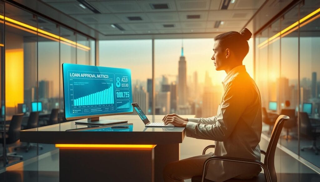 A high-tech lending office with a futuristic aesthetic. In the foreground, a sleek, modern desk with a holographic display showcasing loan approval metrics and AI-driven analytics. Seated behind the desk, an intelligent, lifelike digital assistant offers personalized financial advice to a client. In the middle ground, rows of glass-walled offices filled with financial analysts reviewing complex algorithms and data models. The background features a panoramic view of a gleaming, skyline metropolis, bathed in warm, golden lighting that creates a sense of progress and prosperity. The overall scene conveys the seamless integration of advanced AI technology into the lending industry, transforming the way financial services are delivered. A high-tech lending office with a futuristic aesthetic. In the foreground, a sleek, modern desk with a holographic display showcasing loan approval metrics and AI-driven analytics. Seated behind the desk, an intelligent, lifelike digital assistant offers personalized financial advice to a client. In the middle ground, rows of glass-walled offices filled with financial analysts reviewing complex algorithms and data models. The background features a panoramic view of a gleaming, skyline metropolis, bathed in warm, golden lighting that creates a sense of progress and prosperity. The overall scene conveys the seamless integration of advanced AI technology into the lending industry, transforming the way financial services are delivered.