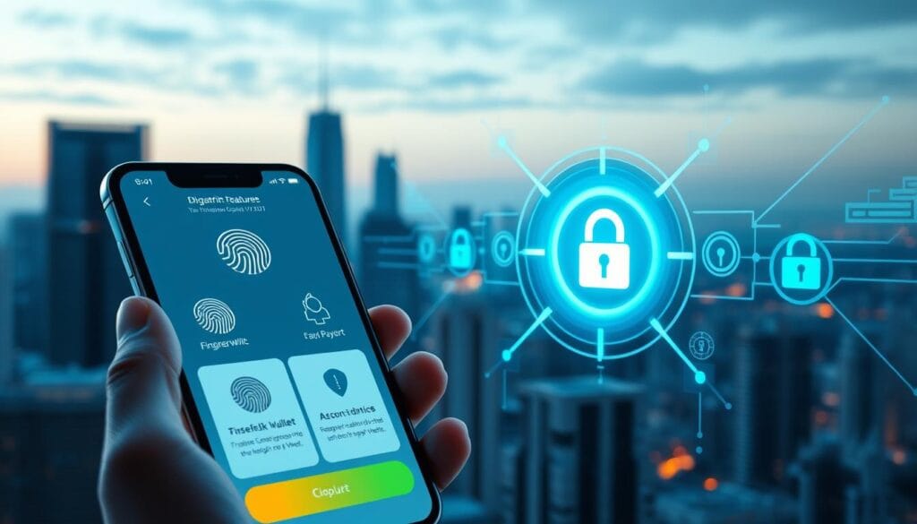 A high-tech mobile payment interface with multiple security features. In the foreground, a digital wallet app displays biometric authentication options such as fingerprint and facial recognition. In the middle ground, a secure transaction process visualized with encryption symbols and lock icons. In the background, a cityscape with skyscrapers and digital data streams conveys the modern, connected world of fintech. Lit by cool, futuristic lighting, the scene exudes a sense of technological sophistication and consumer trust. A high-tech mobile payment interface with multiple security features. In the foreground, a digital wallet app displays biometric authentication options such as fingerprint and facial recognition. In the middle ground, a secure transaction process visualized with encryption symbols and lock icons. In the background, a cityscape with skyscrapers and digital data streams conveys the modern, connected world of fintech. Lit by cool, futuristic lighting, the scene exudes a sense of technological sophistication and consumer trust.