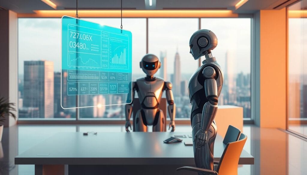 A high-tech office interior with a futuristic, clean aesthetic. In the foreground, a sleek, transparent display panel hovers above a minimalist desk, showing complex tax calculation algorithms and data visualizations. The middle ground features an intelligent personal assistant robot, its metallic body gleaming under warm, directional lighting. In the background, large windows offer a panoramic view of a bustling cityscape, hinting at the advanced technological capabilities powering this innovative tax deduction discovery tool. The scene conveys a sense of efficiency, innovation, and the seamless integration of AI into the modern financial landscape.