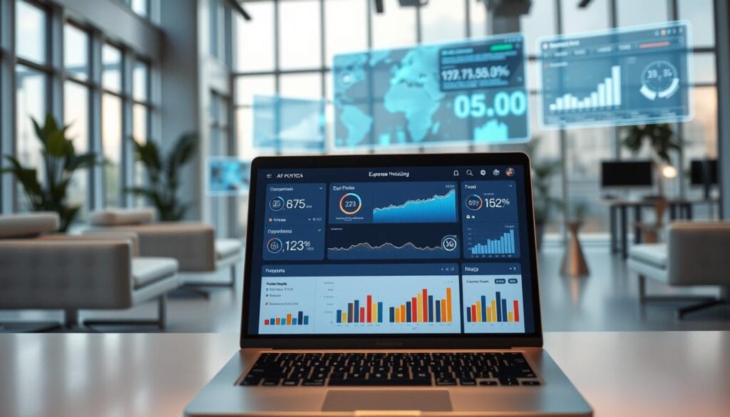 A high-tech office setting with sleek, minimalist furniture and large windows letting in plenty of natural light. In the foreground, a laptop displays a user interface for an AI-powered expense tracking app, showcasing intuitive graphs, charts, and data visualizations. In the background, digital displays and holographic projections provide real-time analytics and budget forecasting. The overall scene conveys a sense of efficiency, control, and the seamless integration of AI technology into everyday financial management. A high-tech office setting with sleek, minimalist furniture and large windows letting in plenty of natural light. In the foreground, a laptop displays a user interface for an AI-powered expense tracking app, showcasing intuitive graphs, charts, and data visualizations. In the background, digital displays and holographic projections provide real-time analytics and budget forecasting. The overall scene conveys a sense of efficiency, control, and the seamless integration of AI technology into everyday financial management.