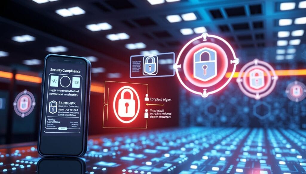 A high-tech security compliance payment system with futuristic interfaces and advanced encryption protocols. In the foreground, a sleek, minimalist digital wallet device with a stylized lock icon and biometric identification features. In the middle ground, floating holographic displays showcasing secure transaction data and compliance certifications. The background is a shimmering matrix of blockchain ledgers and serverless cloud infrastructures, bathed in a cool, azure glow from recessed lighting. The overall scene conveys a sense of cutting-edge security, trust, and technological sophistication. A high-tech security compliance payment system with futuristic interfaces and advanced encryption protocols. In the foreground, a sleek, minimalist digital wallet device with a stylized lock icon and biometric identification features. In the middle ground, floating holographic displays showcasing secure transaction data and compliance certifications. The background is a shimmering matrix of blockchain ledgers and serverless cloud infrastructures, bathed in a cool, azure glow from recessed lighting. The overall scene conveys a sense of cutting-edge security, trust, and technological sophistication.