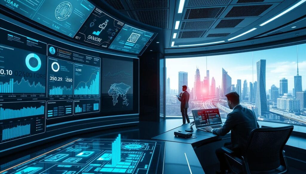 A high-tech security control room with multiple holographic displays showcasing real-time fintech platform analytics. The foreground features a sleek, minimalist user interface with biometric authentication and threat detection systems. In the middle ground, a team of cybersecurity experts monitor the platforms, responding swiftly to any suspicious activity. The background depicts a sleek, futuristic cityscape with skyscrapers and high-speed transport, symbolizing the cutting-edge nature of the fintech industry. The overall atmosphere conveys a sense of precision, vigilance, and technological sophistication. A high-tech security control room with multiple holographic displays showcasing real-time fintech platform analytics. The foreground features a sleek, minimalist user interface with biometric authentication and threat detection systems. In the middle ground, a team of cybersecurity experts monitor the platforms, responding swiftly to any suspicious activity. The background depicts a sleek, futuristic cityscape with skyscrapers and high-speed transport, symbolizing the cutting-edge nature of the fintech industry. The overall atmosphere conveys a sense of precision, vigilance, and technological sophistication.