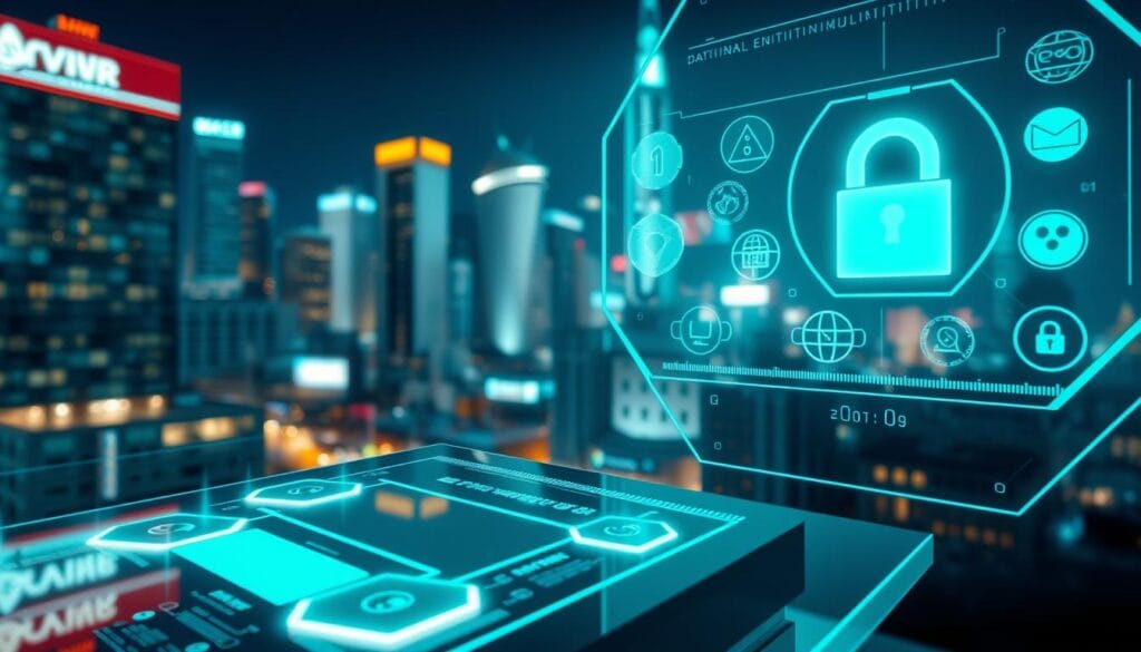 A high-tech security interface with a futuristic holo-display, reflecting various encryption algorithms and data protection symbols. Glowing hexagonal panels in the foreground, with a sleek, minimalist control panel in the middle ground. In the background, a blurred cityscape at night, lit by towering skyscrapers and neon signage, conveying a sense of urban innovation and technological progress. The scene is bathed in a cool, bluish-green color palette, creating an atmosphere of advanced security and digital integrity. A high-tech security interface with a futuristic holo-display, reflecting various encryption algorithms and data protection symbols. Glowing hexagonal panels in the foreground, with a sleek, minimalist control panel in the middle ground. In the background, a blurred cityscape at night, lit by towering skyscrapers and neon signage, conveying a sense of urban innovation and technological progress. The scene is bathed in a cool, bluish-green color palette, creating an atmosphere of advanced security and digital integrity.