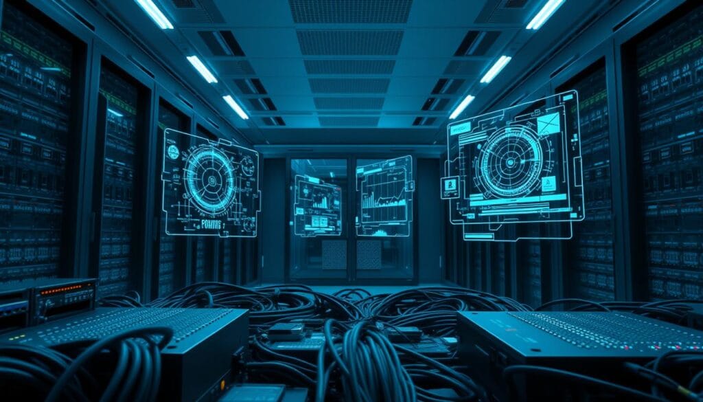 A high-tech server room with advanced computing security frameworks. In the foreground, various hardware devices and network cables are neatly arranged, conveying a sense of precision and control. The middle ground features holographic displays showcasing complex algorithms and data visualizations, hinting at the sophisticated security measures in place. The background is bathed in a cool, bluish tone, with subtle lighting accents highlighting the sleek, futuristic architecture. The overall atmosphere is one of cutting-edge technology, robust security, and a calm, authoritative presence, reflecting the advancements in quantum computing and its role in modern risk management. A high-tech server room with advanced computing security frameworks. In the foreground, various hardware devices and network cables are neatly arranged, conveying a sense of precision and control. The middle ground features holographic displays showcasing complex algorithms and data visualizations, hinting at the sophisticated security measures in place. The background is bathed in a cool, bluish tone, with subtle lighting accents highlighting the sleek, futuristic architecture. The overall atmosphere is one of cutting-edge technology, robust security, and a calm, authoritative presence, reflecting the advancements in quantum computing and its role in modern risk management.