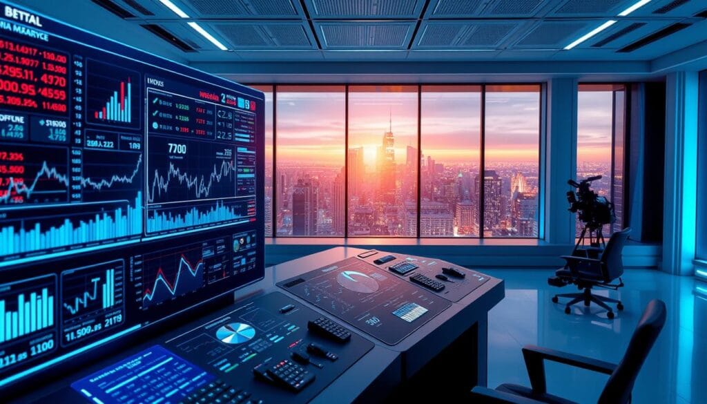A high-tech trading dashboard with real-time market data visualizations. In the foreground, a sleek holographic display shows live stock tickers, financial charts, and AI-powered forecasting models. The middle ground features a sophisticated control panel with touch interfaces, data analytics tools, and a panoramic window overlooking a vibrant city skyline. The background is a minimalist workspace bathed in cool, blue-tinted lighting, creating a focused, futuristic atmosphere conducive to data-driven decision making. The scene conveys a sense of technological prowess, data-driven insights, and forward-thinking financial strategies. A high-tech trading dashboard with real-time market data visualizations. In the foreground, a sleek holographic display shows live stock tickers, financial charts, and AI-powered forecasting models. The middle ground features a sophisticated control panel with touch interfaces, data analytics tools, and a panoramic window overlooking a vibrant city skyline. The background is a minimalist workspace bathed in cool, blue-tinted lighting, creating a focused, futuristic atmosphere conducive to data-driven decision making. The scene conveys a sense of technological prowess, data-driven insights, and forward-thinking financial strategies.