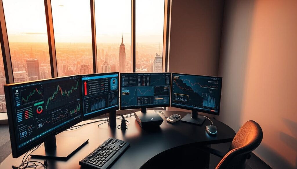 A high-tech trading desk in a sleek, modern office environment. The foreground features a variety of financial analytics tools and investment tracking apps displayed on multiple widescreen monitors, with a keyboard, mouse, and trading console in the center. The middle ground shows a panoramic view of a bustling city skyline through floor-to-ceiling windows, bathed in warm, golden afternoon light. The background is a minimalist, monochromatic wall with subtle patterns, creating a clean, professional atmosphere. The overall scene conveys a sense of technological sophistication, data-driven decision making, and the fast-paced world of modern finance. A high-tech trading desk in a sleek, modern office environment. The foreground features a variety of financial analytics tools and investment tracking apps displayed on multiple widescreen monitors, with a keyboard, mouse, and trading console in the center. The middle ground shows a panoramic view of a bustling city skyline through floor-to-ceiling windows, bathed in warm, golden afternoon light. The background is a minimalist, monochromatic wall with subtle patterns, creating a clean, professional atmosphere. The overall scene conveys a sense of technological sophistication, data-driven decision making, and the fast-paced world of modern finance.