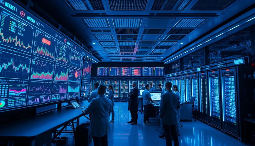 A high-tech trading floor bathed in cool blue lighting. In the foreground, a data visualization display shows real-time portfolio optimization, with colorful charts and graphs depicting complex asset allocations. The middle ground features a team of wealth managers intently monitoring the screens, their expressions focused as they make lightning-fast decisions. In the background, a vast array of servers and computing hardware hums with the processing power needed to crunch the endless streams of financial data. The scene conveys a sense of precision, control, and the transformative power of AI-driven wealth management.