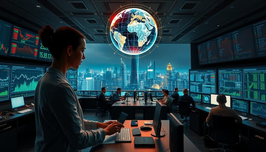 A high-tech trading floor with sleek workstations, large display screens, and a panoramic view of a bustling financial district. In the foreground, an analyst intently studies AI-powered stock analysis dashboards, her fingers flying across a cutting-edge interface. Overhead, a holographic globe projects real-time market data, bathed in a warm, ambient glow. The middle ground features teams of quants and data scientists collaborating on complex algorithms, while the background showcases the iconic skyline of a thriving, AI-driven financial hub. Crisp lighting, a sense of urgency, and a futuristic, yet professional atmosphere pervade the scene. A high-tech trading floor with sleek workstations, large display screens, and a panoramic view of a bustling financial district. In the foreground, an analyst intently studies AI-powered stock analysis dashboards, her fingers flying across a cutting-edge interface. Overhead, a holographic globe projects real-time market data, bathed in a warm, ambient glow. The middle ground features teams of quants and data scientists collaborating on complex algorithms, while the background showcases the iconic skyline of a thriving, AI-driven financial hub. Crisp lighting, a sense of urgency, and a futuristic, yet professional atmosphere pervade the scene.