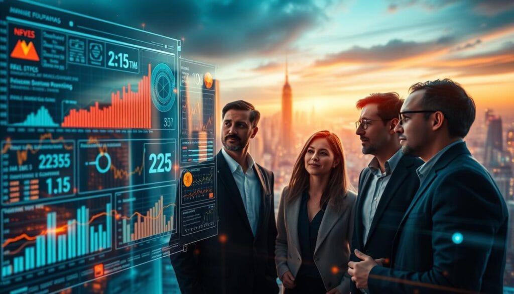 A high-tech visualization of the AI financial solutions market in the year 2025. In the foreground, a sleek holographic display showcases an array of graphs, charts, and data visualizations, reflecting the latest trends and insights. The middle ground features a team of financial analysts and investment advisors intently studying the display, their expressions a mix of concentration and enthusiasm. The background depicts a futuristic cityscape, with towering skyscrapers and a vibrant, dynamic atmosphere, symbolizing the rapid advancements and transformation within the investment advisory industry. The scene is bathed in a warm, futuristic lighting, evoking a sense of innovation, progress, and the seamless integration of AI-powered technology into the world of finance. A high-tech visualization of the AI financial solutions market in the year 2025. In the foreground, a sleek holographic display showcases an array of graphs, charts, and data visualizations, reflecting the latest trends and insights. The middle ground features a team of financial analysts and investment advisors intently studying the display, their expressions a mix of concentration and enthusiasm. The background depicts a futuristic cityscape, with towering skyscrapers and a vibrant, dynamic atmosphere, symbolizing the rapid advancements and transformation within the investment advisory industry. The scene is bathed in a warm, futuristic lighting, evoking a sense of innovation, progress, and the seamless integration of AI-powered technology into the world of finance.