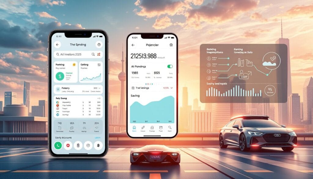 A highly detailed and futuristic digital illustration depicting the key features of fintech apps for expense tracking in 2025. The foreground showcases a sleek, minimalist user interface with intuitive tools for tracking spending, managing budgets, and analyzing financial data. The middle ground features interactive data visualizations, AI-powered insights, and seamless connectivity between banking, investment, and savings accounts. The background includes a cityscape with skyscrapers, autonomous vehicles, and a glimpse of emerging financial technology trends such as blockchain, cryptocurrency, and open banking. The scene is illuminated by warm, natural lighting with a sense of technological sophistication and financial empowerment. A highly detailed and futuristic digital illustration depicting the key features of fintech apps for expense tracking in 2025. The foreground showcases a sleek, minimalist user interface with intuitive tools for tracking spending, managing budgets, and analyzing financial data. The middle ground features interactive data visualizations, AI-powered insights, and seamless connectivity between banking, investment, and savings accounts. The background includes a cityscape with skyscrapers, autonomous vehicles, and a glimpse of emerging financial technology trends such as blockchain, cryptocurrency, and open banking. The scene is illuminated by warm, natural lighting with a sense of technological sophistication and financial empowerment.