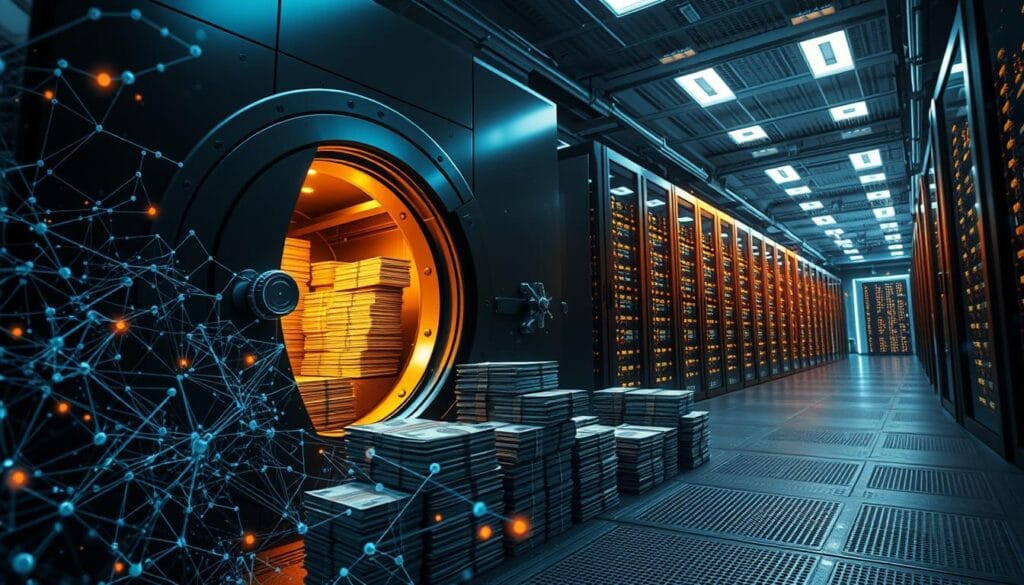 A highly detailed and photorealistic scene of an AI-powered fraud detection system in action. In the foreground, a complex algorithm visualized as a web of interconnected nodes and data flows, analyzing financial transactions with lightning speed. In the middle ground, a bank vault door opens to reveal stacks of money being scanned and authenticated by advanced biometric sensors. In the background, a vast data center hums with the energy of countless servers processing terabytes of financial data. Dramatic lighting casts long shadows, conveying a sense of high-stakes, cutting-edge technology at work. Camera angle is slightly low, evoking a sense of power and authority. The overall atmosphere is one of technological sophistication, precision, and the relentless pursuit of financial security. A highly detailed and photorealistic scene of an AI-powered fraud detection system in action. In the foreground, a complex algorithm visualized as a web of interconnected nodes and data flows, analyzing financial transactions with lightning speed. In the middle ground, a bank vault door opens to reveal stacks of money being scanned and authenticated by advanced biometric sensors. In the background, a vast data center hums with the energy of countless servers processing terabytes of financial data. Dramatic lighting casts long shadows, conveying a sense of high-stakes, cutting-edge technology at work. Camera angle is slightly low, evoking a sense of power and authority. The overall atmosphere is one of technological sophistication, precision, and the relentless pursuit of financial security.