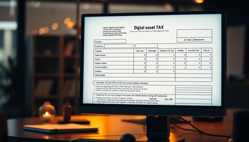 A highly detailed digital asset tax form displayed on a computer screen, illuminated by warm, soft lighting. The form features a clean, minimalist layout with strategic use of negative space, allowing the key data fields to stand out. The background is a blurred, out-of-focus scene, suggesting a professional office environment. The overall mood is one of efficiency, organization, and attention to detail, reflecting the importance of accurate cryptocurrency tax reporting.