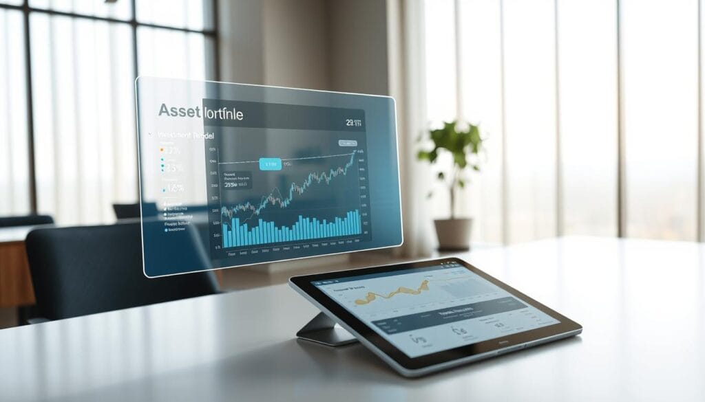 A highly detailed, photorealistic image of a personalized investment portfolio model on a sleek, minimalist desk. In the foreground, a holographic display showcases a dynamic visual representation of the portfolio's asset allocation, with customizable charts and graphs. In the middle ground, a tablet device displays a comprehensive financial analysis, complete with AI-generated insights and recommendations. The background features a panoramic view of a modern, sun-drenched office, with floor-to-ceiling windows and a subtle, subdued color palette. The lighting is soft and natural, creating a sense of tranquility and professionalism. The overall scene conveys a sophisticated, technology-driven approach to personalized wealth management. A highly detailed, photorealistic image of a personalized investment portfolio model on a sleek, minimalist desk. In the foreground, a holographic display showcases a dynamic visual representation of the portfolio's asset allocation, with customizable charts and graphs. In the middle ground, a tablet device displays a comprehensive financial analysis, complete with AI-generated insights and recommendations. The background features a panoramic view of a modern, sun-drenched office, with floor-to-ceiling windows and a subtle, subdued color palette. The lighting is soft and natural, creating a sense of tranquility and professionalism. The overall scene conveys a sophisticated, technology-driven approach to personalized wealth management.