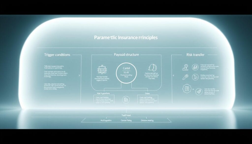 A highly detailed, photorealistic parametric insurance principles diagram, featuring a clean, organized layout with geometric shapes, lines, and icons. The foreground showcases the core pillars of parametric insurance: trigger conditions, payout structure, and risk transfer. The middle ground illustrates the flow of data and decision-making processes. The background provides a sleek, minimalist context with subtle gradients and soft lighting, creating a balanced, professional aesthetic. Rendered in a cool, corporate color palette to convey the technical nature of the subject matter. Captured at a slightly elevated angle to provide an optimal viewing experience.