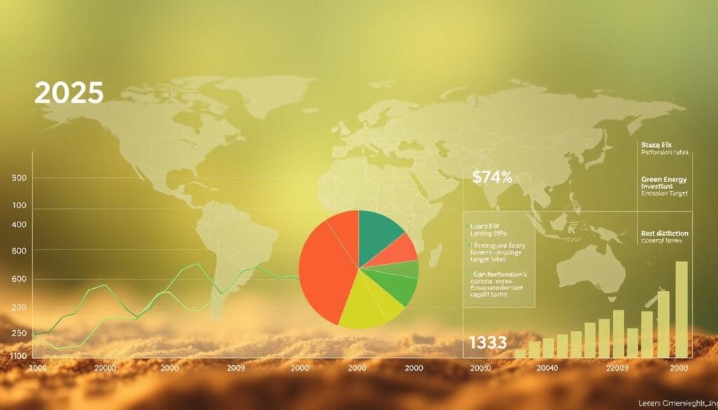 A holistic data visualization depicting sustainable business financing metrics in 2025. In the foreground, a sleek line graph illustrates key performance indicators such as loan approval rates, green energy investment, and emissions reduction targets. The middle ground features a series of pie charts breaking down loan distribution by industry, loan size, and repayment terms. In the background, a muted world map highlights global regions with the highest concentrations of eco-friendly companies accessing these specialized financing solutions. The overall scene is bathed in a warm, earthy color palette, conveying a sense of stability, progress, and environmental consciousness.
