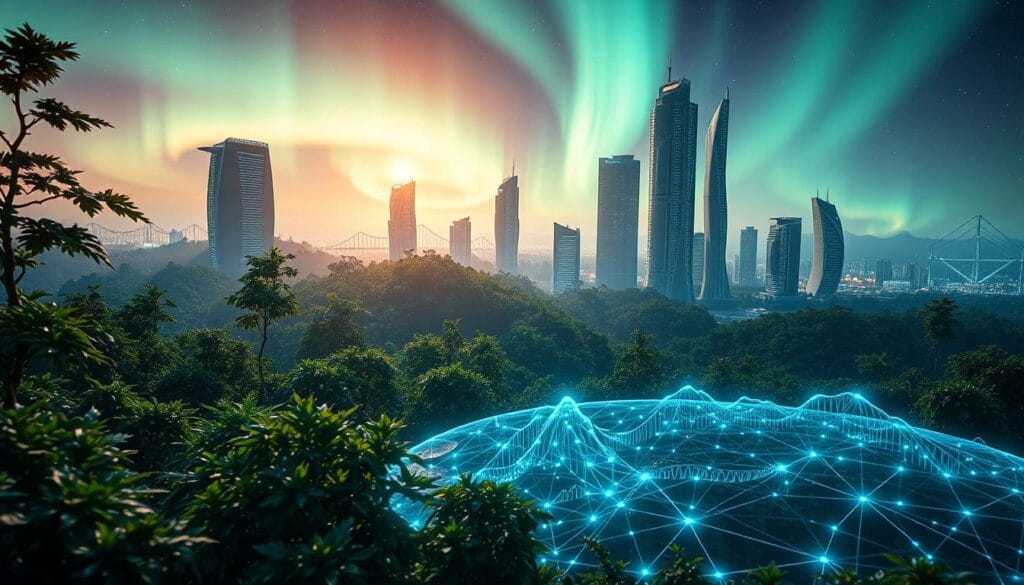 A lush, futuristic landscape of interconnected blockchain networks, shimmering with the energy of decentralized finance. In the foreground, a dynamic visualization of yield farming trends, data points flowing like digital tributaries across a holographic interface. The middle ground features towering skyscrapers of blockchain protocols, their structures twisting and evolving with the ebb and flow of cross-chain transactions. In the background, a dazzling aurora borealis paints the sky, hinting at the boundless potential of the DeFi ecosystem in 2025. Cinematic lighting casts dramatic shadows, creating a sense of depth and tension. Captured through the lens of a high-resolution camera, the scene exudes a palpable sense of technological progress and financial innovation. A lush, futuristic landscape of interconnected blockchain networks, shimmering with the energy of decentralized finance. In the foreground, a dynamic visualization of yield farming trends, data points flowing like digital tributaries across a holographic interface. The middle ground features towering skyscrapers of blockchain protocols, their structures twisting and evolving with the ebb and flow of cross-chain transactions. In the background, a dazzling aurora borealis paints the sky, hinting at the boundless potential of the DeFi ecosystem in 2025. Cinematic lighting casts dramatic shadows, creating a sense of depth and tension. Captured through the lens of a high-resolution camera, the scene exudes a palpable sense of technological progress and financial innovation.
