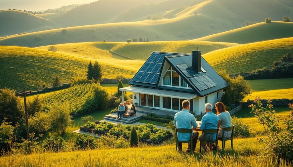 A lush, green landscape with a modern, energy-efficient home nestled among rolling hills. The home features solar panels on the roof, a rain harvesting system, and a small vegetable garden in the front yard. In the foreground, a family gathers around a table, discussing their sustainable home financing options, as a financial advisor explains the benefits of green mortgages and energy-efficient home improvement loans. The scene is bathed in warm, golden light, conveying a sense of tranquility and environmental harmony. The image captures the essence of responsible, eco-friendly home financing in the year 2025. A lush, green landscape with a modern, energy-efficient home nestled among rolling hills. The home features solar panels on the roof, a rain harvesting system, and a small vegetable garden in the front yard. In the foreground, a family gathers around a table, discussing their sustainable home financing options, as a financial advisor explains the benefits of green mortgages and energy-efficient home improvement loans. The scene is bathed in warm, golden light, conveying a sense of tranquility and environmental harmony. The image captures the essence of responsible, eco-friendly home financing in the year 2025.