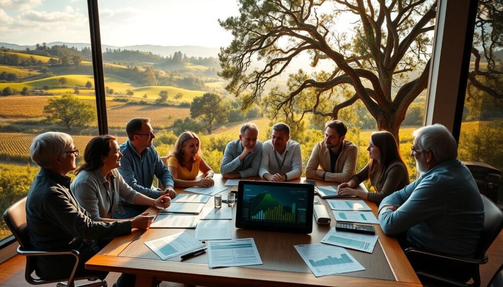 A lush, verdant landscape with rolling hills and towering oak trees provides the backdrop for a scene of climate-focused investments. In the foreground, a group of diverse professionals gather around a wooden conference table, engaged in animated discussions. Sunlight filters through large windows, casting a warm, inviting glow on the room. On the table, various financial documents and digital displays showcase sustainable investment opportunities, from renewable energy projects to green infrastructure initiatives. The overall atmosphere is one of optimism and a shared commitment to securing a sustainable future for generations to come.