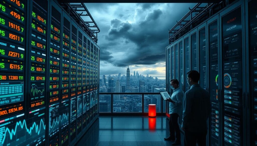 A massive data center filled with rows of servers and blinking lights, symbolizing the automated processing of climate risk claims. In the foreground, a futuristic user interface with graphs and visualizations displaying real-time data on weather patterns, disaster events, and payout calculations. The middle ground features a team of analysts and actuaries, their faces illuminated by the glow of their screens, meticulously reviewing algorithms and models. The background depicts a panoramic view of a city skyline, partially obscured by ominous storm clouds, hinting at the increasing frequency and severity of natural disasters driving the need for this advanced claims processing system. The scene is captured with a cinematic, high-contrast lighting scheme, conveying a sense of technological sophistication and the gravity of the task at hand.