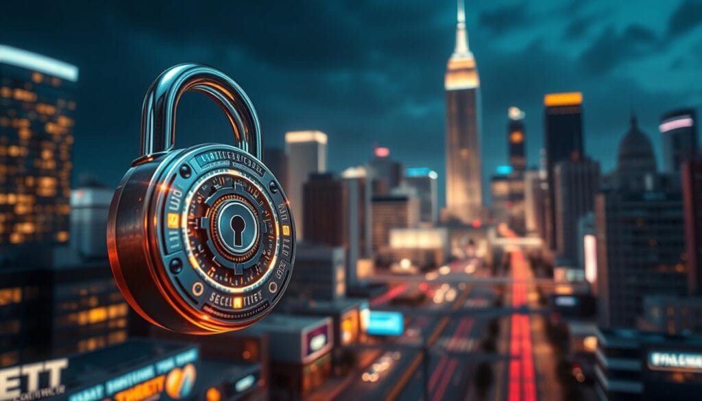 A metallic digital lock hovers in the foreground, its gears and circuits illuminated by a warm, golden light. In the middle ground, a futuristic cryptocurrency wallet interface shimmers with holographic displays, conveying a sense of advanced security. The background depicts a cityscape at night, with skyscrapers and neon-lit streets, suggesting the integration of crypto payments into the urban landscape. The overall mood is one of technological sophistication, reliability, and the seamless integration of cryptocurrency into everyday transactions.