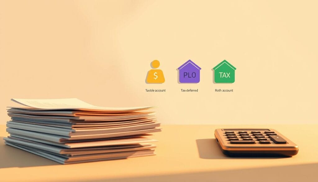 A meticulously composed illustration of a retirement withdrawal strategy, captured in a serene, minimalist style. In the foreground, a stack of financial documents and a calculator, subtly hinting at the calculations involved. The middle ground features three distinct financial account icons - a taxable account, a tax-deferred account, and a Roth account - each with its own unique color palette, symbolizing the different tax treatments. The background is a soft, neutral tone, creating a sense of balance and focus on the core elements. Warm lighting casts gentle shadows, emphasizing the depth and dimensionality of the scene. The overall composition conveys a sense of thoughtful planning and financial prudence.