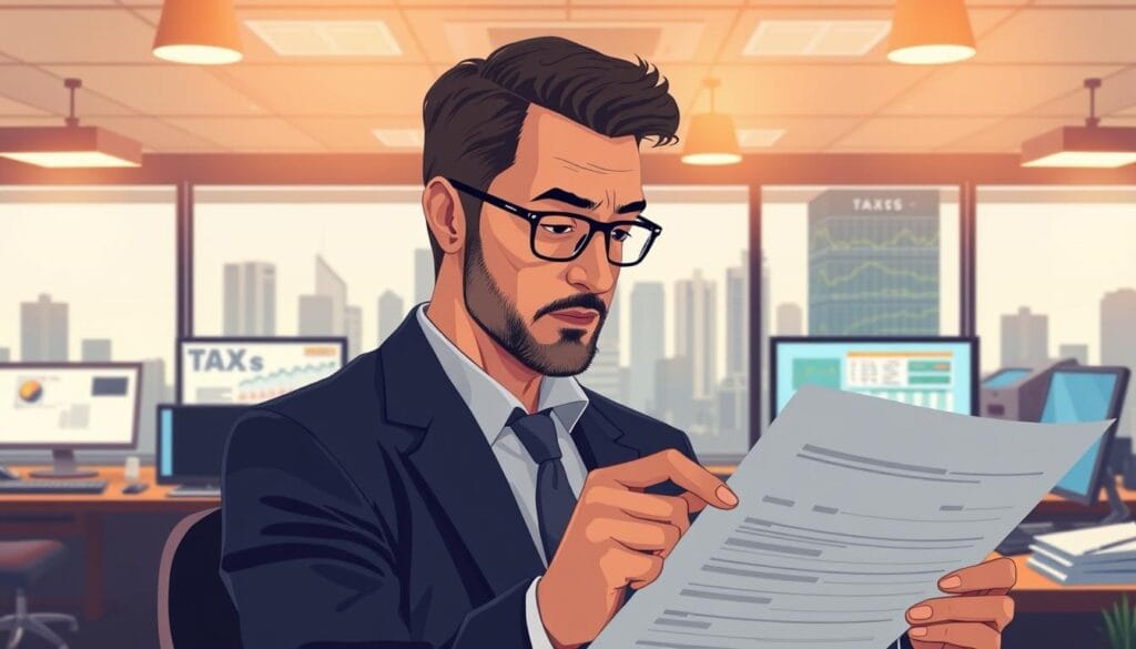 A meticulously-crafted illustration of strategic tax planning for a small business in 2025. The foreground depicts a financial advisor thoughtfully reviewing tax documents, brow furrowed in concentration. The middle ground showcases a busy office landscape, with computer screens displaying tax-related software and calculators. The background features city skyline silhouettes, hinting at the broader economic and regulatory environment. Warm overhead lighting casts a contemplative glow, while a shallow depth of field draws the viewer's focus to the central figure. The overall mood is one of careful deliberation and financial expertise, reflecting the importance of maximizing business tax deductions in the year ahead. A meticulously-crafted illustration of strategic tax planning for a small business in 2025. The foreground depicts a financial advisor thoughtfully reviewing tax documents, brow furrowed in concentration. The middle ground showcases a busy office landscape, with computer screens displaying tax-related software and calculators. The background features city skyline silhouettes, hinting at the broader economic and regulatory environment. Warm overhead lighting casts a contemplative glow, while a shallow depth of field draws the viewer's focus to the central figure. The overall mood is one of careful deliberation and financial expertise, reflecting the importance of maximizing business tax deductions in the year ahead.