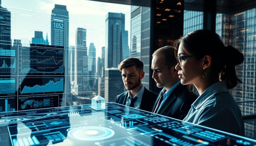 A meticulously detailed, hyper-realistic scene depicting AI-driven financial analysis. In the foreground, a holographic interface displays complex data visualizations and real-time market trends. In the middle ground, a team of analysts intently study the projections, their expressions pensive yet determined. The background reveals a panoramic view of a modern financial district, skyscrapers gleaming under crisp, directional lighting. An aura of technological sophistication and analytical precision permeates the image, hinting at the power of AI-enhanced regtech solutions to revolutionize AML compliance in the years ahead.