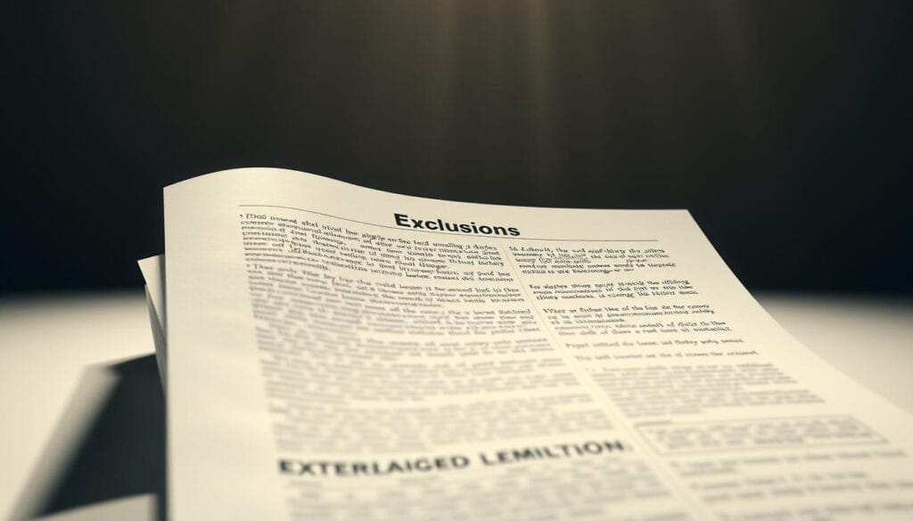 A meticulously detailed insurance policy document, its pages unfurled against a stark, muted background. The exclusions section is prominently featured, its dense, fine-printed text conveying the complexity of navigating coverage limitations. Subtle beams of light cast an air of seriousness, emphasizing the gravity of understanding policy terms. The composition is crisp and clean, drawing the viewer's eye to the core subject matter, a visual representation of the challenges faced when "Navigating Policy Terms and Coverage Challenges".