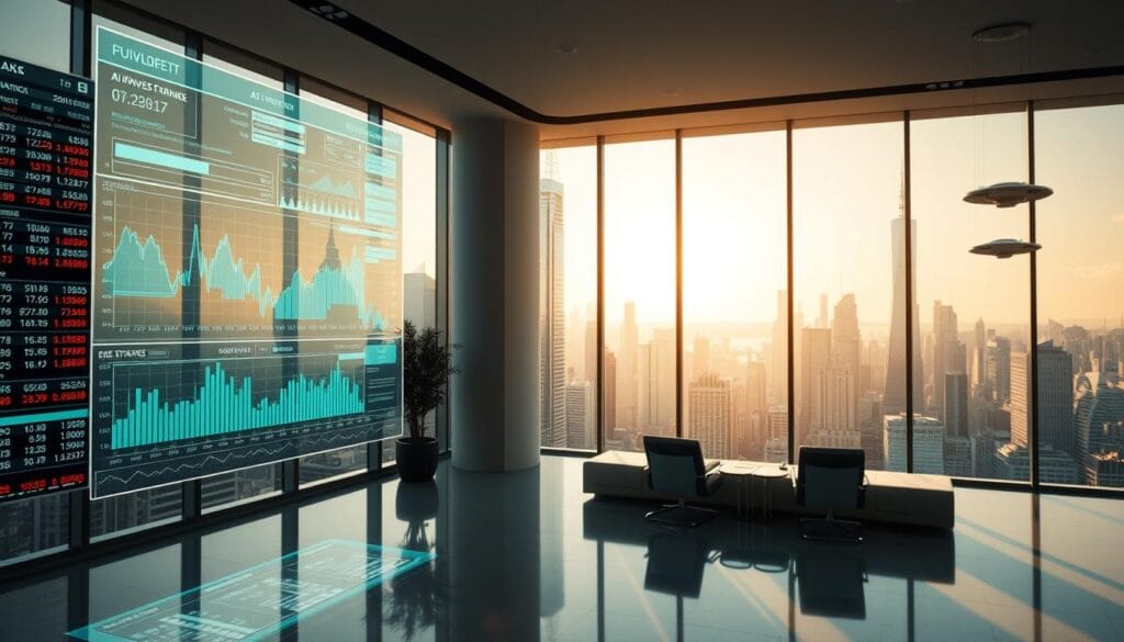 A meticulously rendered, photorealistic scene of AI-powered investment strategies. In the foreground, a holographic display showcases stock tickers, financial charts, and AI-generated trading algorithms. The middle ground features a sleek, minimalist office setting with floor-to-ceiling windows overlooking a bustling cityscape. Warm, directional lighting casts dramatic shadows, creating a sense of technological sophistication. The background depicts a futuristic skyline, with towering skyscrapers and hovering autonomous vehicles, hinting at the transformative impact of AI on the financial industry. The overall composition conveys a vision of the stock market's evolution, where cutting-edge artificial intelligence shapes investment decisions and revolutionizes wealth management. A meticulously rendered, photorealistic scene of AI-powered investment strategies. In the foreground, a holographic display showcases stock tickers, financial charts, and AI-generated trading algorithms. The middle ground features a sleek, minimalist office setting with floor-to-ceiling windows overlooking a bustling cityscape. Warm, directional lighting casts dramatic shadows, creating a sense of technological sophistication. The background depicts a futuristic skyline, with towering skyscrapers and hovering autonomous vehicles, hinting at the transformative impact of AI on the financial industry. The overall composition conveys a vision of the stock market's evolution, where cutting-edge artificial intelligence shapes investment decisions and revolutionizes wealth management.