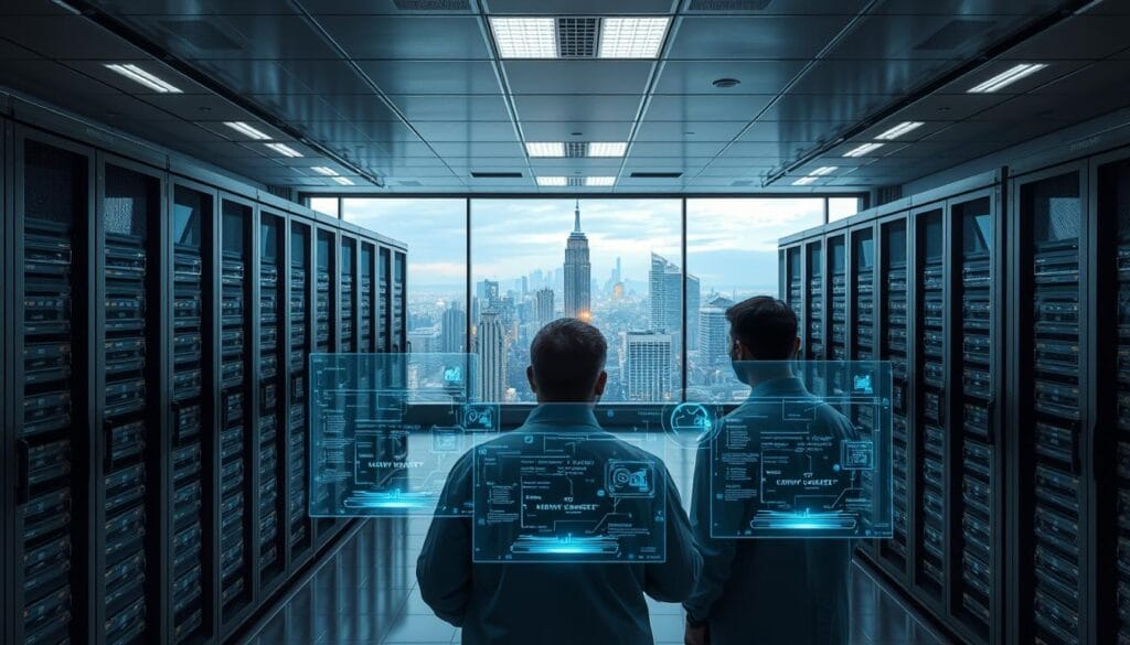 A meticulously secured financial data center, its servers and storage arrays gleaming under the soft glow of recessed lighting. Holographic security interfaces hover before a team of analysts, their faces illuminated by the displays as they scrutinize encrypted transactions. In the background, a vast panoramic window offers a sweeping view of a futuristic cityscape, hinting at the scale and importance of the data being safeguarded. The atmosphere is one of quiet confidence, where advanced AI-powered algorithms and cutting-edge cryptography work in harmony to protect the financial wellbeing of individuals and organizations alike.