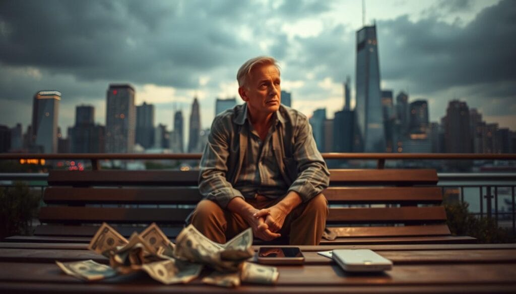 A middle-aged gig worker sitting on a bench, shoulders slouched, staring pensively into the distance, as shadows of uncertainty loom over an uncertain future. The foreground features crumpled bills and a smartphone, symbols of the precarious nature of gig work. The background depicts a bustling city skyline, suggesting the challenges of saving for retirement amidst the demands of the modern gig economy. The scene is illuminated by a warm, diffused light, creating a contemplative atmosphere, hinting at the complex emotions associated with the subject matter. The composition emphasizes the solitary figure, conveying the isolating experience of navigating retirement planning as a gig worker.