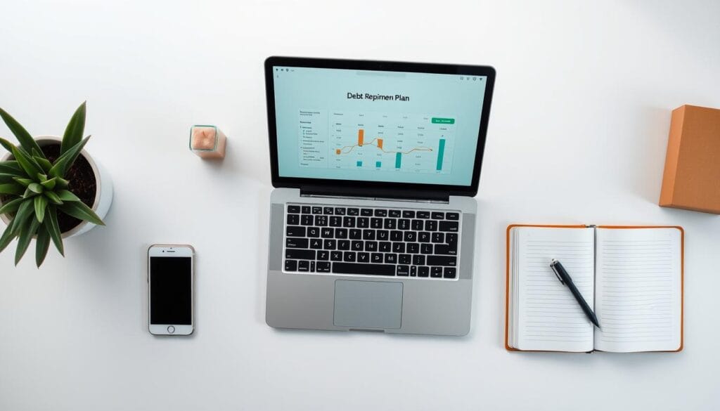 A minimalist, clean-lined desktop workspace with a laptop, smartphone, and open notebook. The laptop screen displays a simple debt repayment plan with colorful graphs and charts. Soft, diffused lighting creates a serene, focused atmosphere. The top-down perspective emphasizes the organized, methodical approach to personal finance. Subtle pastel hues and muted tones convey a sense of control and clarity. The overall composition suggests a calm, productive environment for managing one's financial well-being through digital tools.