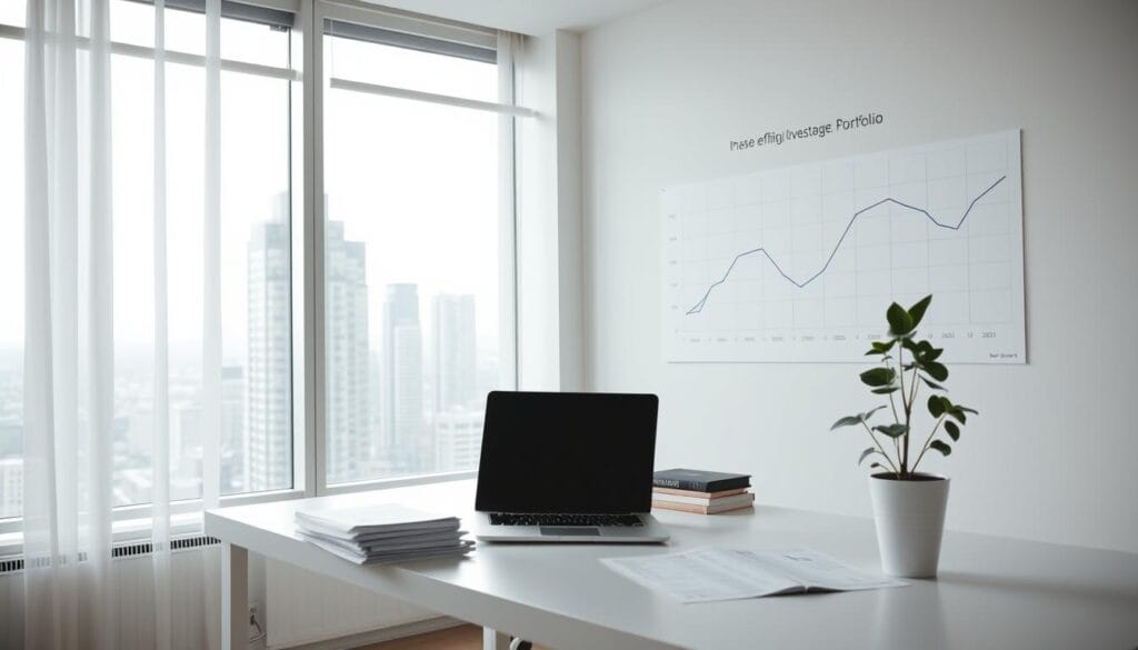A minimalist office interior with a large window overlooking a cityscape. Soft, natural lighting filters through the space. On the desk, a laptop, a neat stack of financial documents, and a potted plant. A chart on the wall displays a cost-efficient, diversified investment portfolio optimized for passive income generation. The atmosphere is calm, organized, and conducive to thoughtful wealth management. The camera angle captures this serene, professional scene from a slightly elevated perspective. A minimalist office interior with a large window overlooking a cityscape. Soft, natural lighting filters through the space. On the desk, a laptop, a neat stack of financial documents, and a potted plant. A chart on the wall displays a cost-efficient, diversified investment portfolio optimized for passive income generation. The atmosphere is calm, organized, and conducive to thoughtful wealth management. The camera angle captures this serene, professional scene from a slightly elevated perspective.